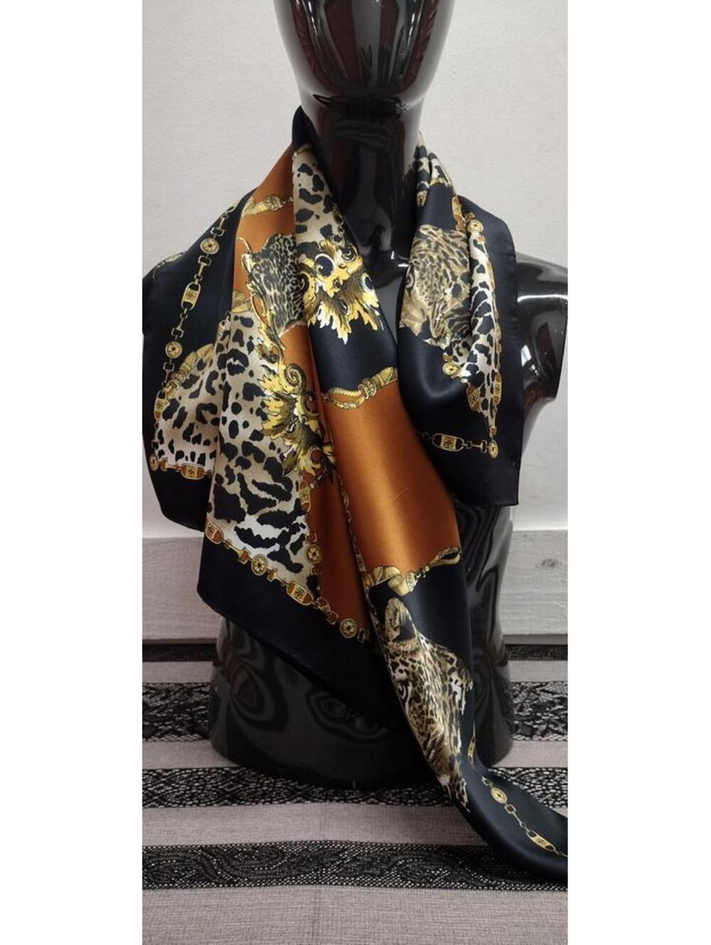 Beautiful Leopard Scarf Leopards Black Satin Polyester Fine Design Made in Italy